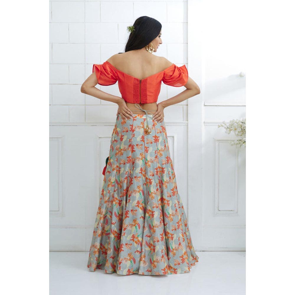 MANDIRA WIRK Orange Off Shoulder Printed Lehenga