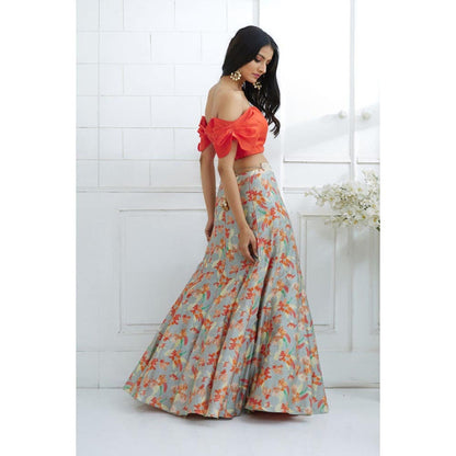 MANDIRA WIRK Orange Off Shoulder Printed Lehenga
