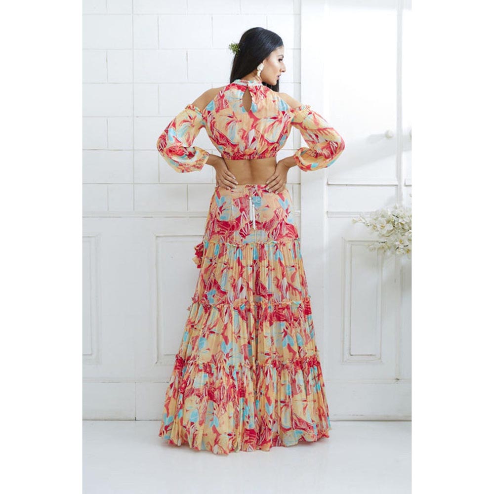 MANDIRA WIRK Multicolour Embroidered Top With Tiered Lehenga