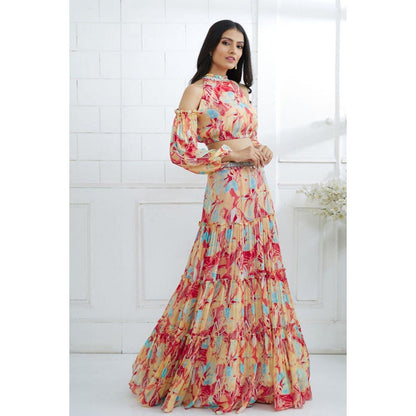 MANDIRA WIRK Multicolour Embroidered Top With Tiered Lehenga
