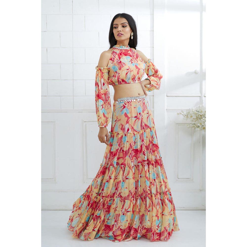 MANDIRA WIRK Multicolour Embroidered Top With Tiered Lehenga