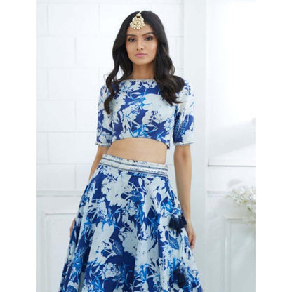 MANDIRA WIRK Blue Printed Embroidered Blouse And Lehenga