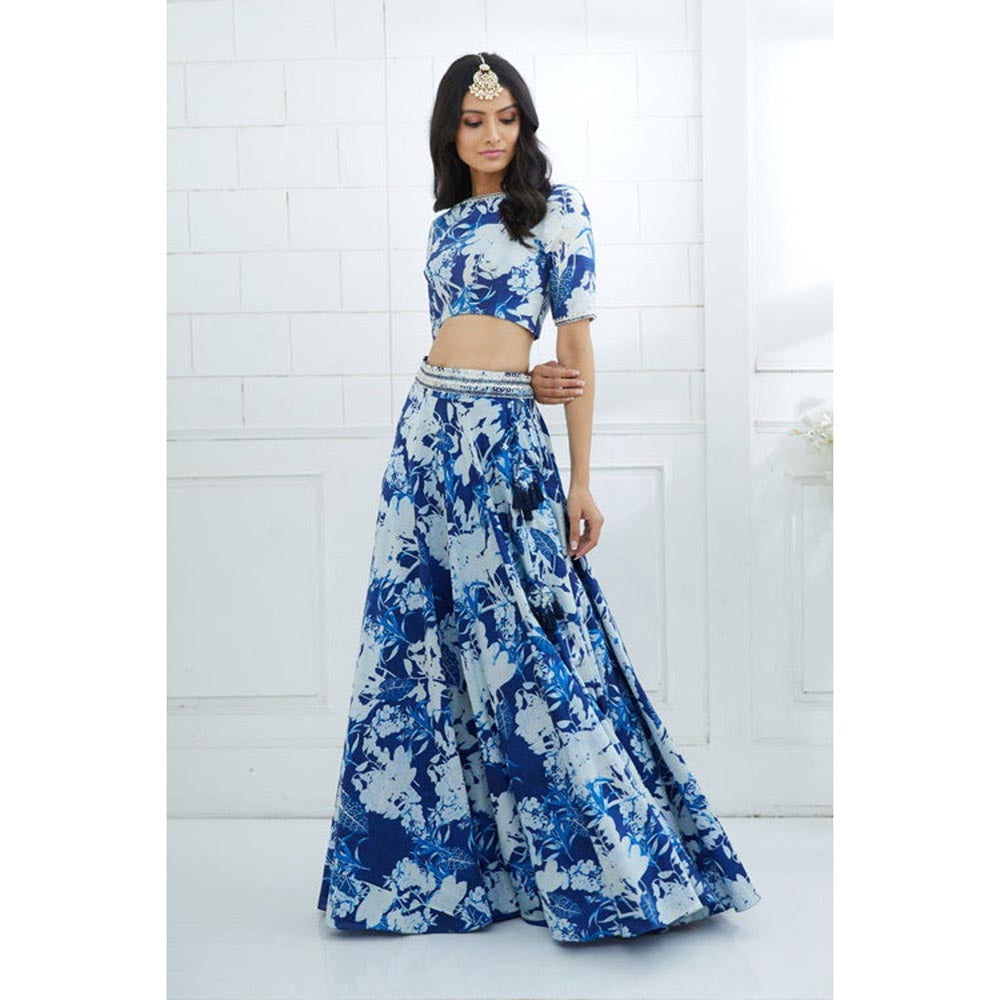 MANDIRA WIRK Blue Printed Embroidered Blouse And Lehenga
