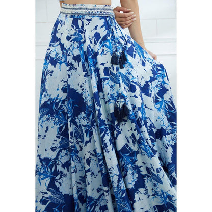 MANDIRA WIRK Blue Printed Embroidered Blouse And Lehenga