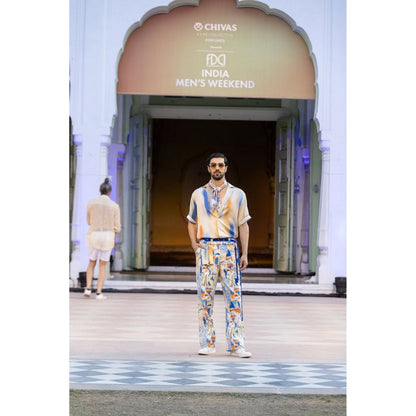 MANDIRA WIRK Printed Denim Twill Trouser with Belt
