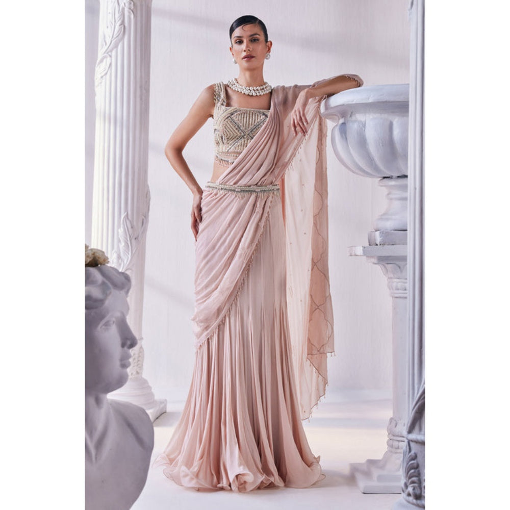 MANDIRA WIRK Peach Chiffon Pre Draped Saree With Stitched Blouse