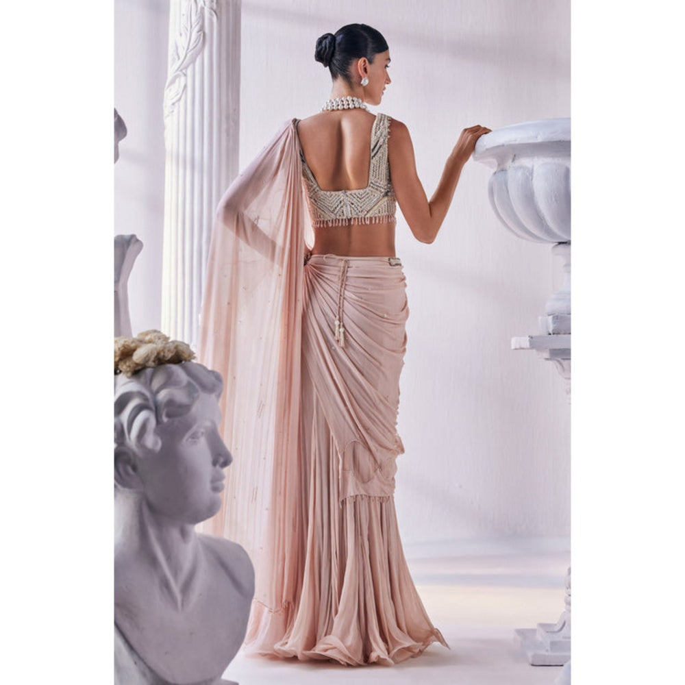 MANDIRA WIRK Peach Chiffon Pre Draped Saree With Stitched Blouse
