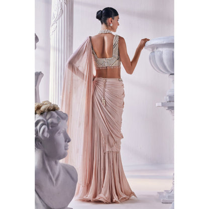 MANDIRA WIRK Peach Chiffon Pre Draped Saree With Stitched Blouse
