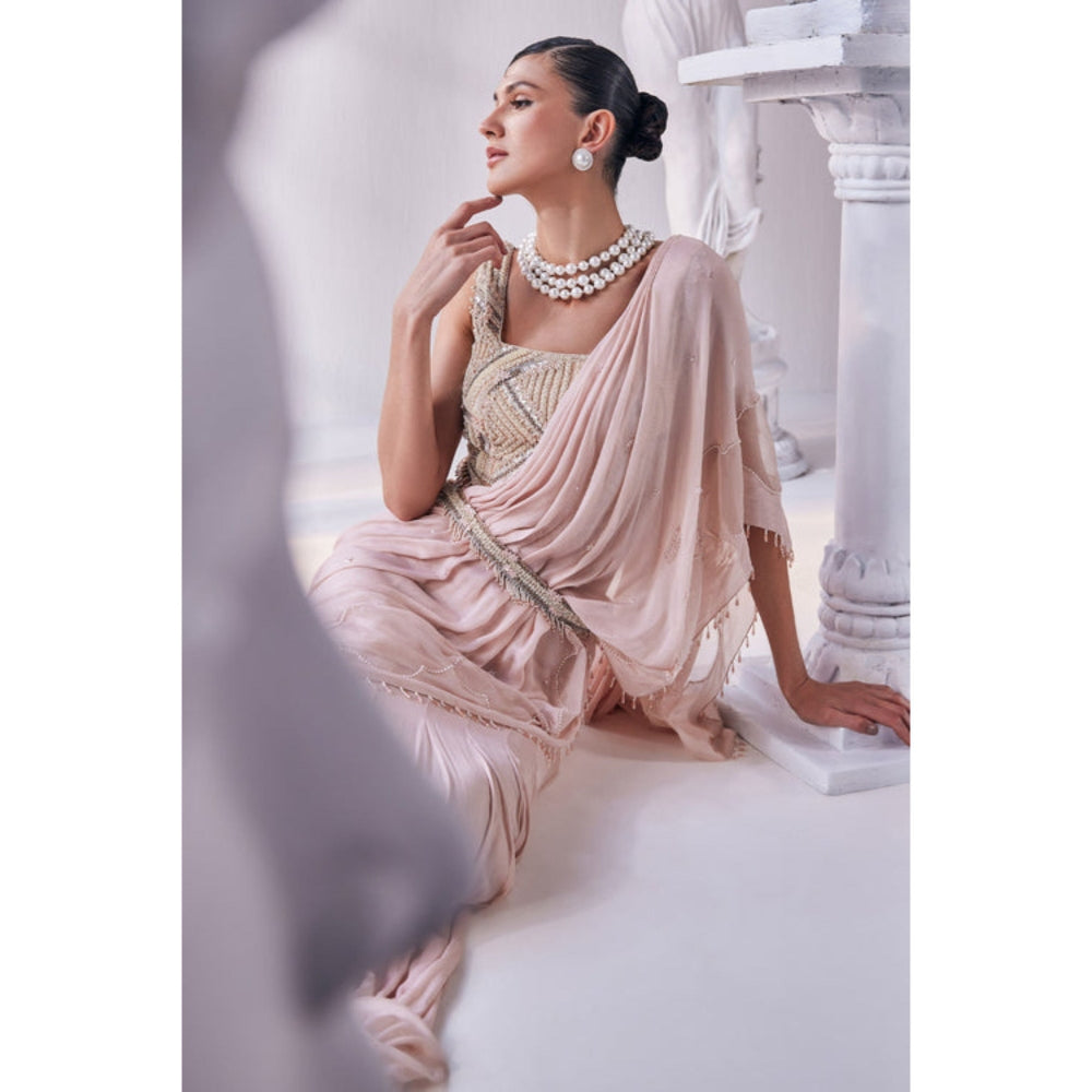 MANDIRA WIRK Peach Chiffon Pre Draped Saree With Stitched Blouse