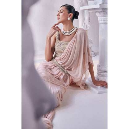 MANDIRA WIRK Peach Chiffon Pre Draped Saree With Stitched Blouse