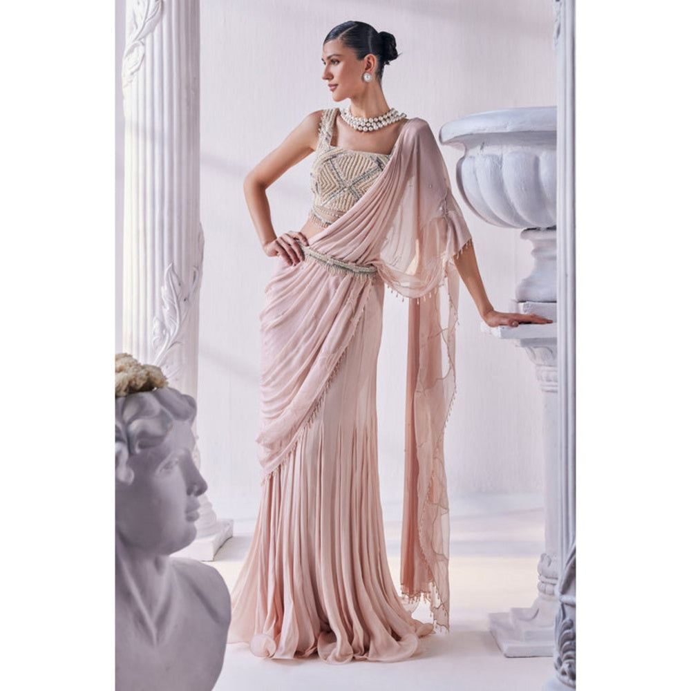 MANDIRA WIRK Peach Chiffon Pre Draped Saree With Stitched Blouse