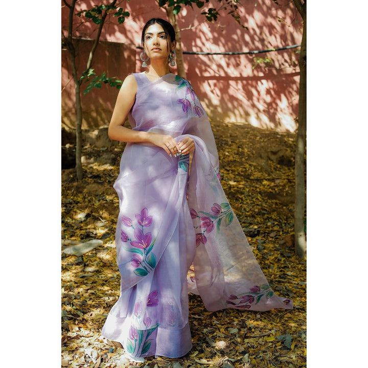 Mangalmay By Aastha Lavender Haze Hand Painted Organza Saree with Unstitched Blouse