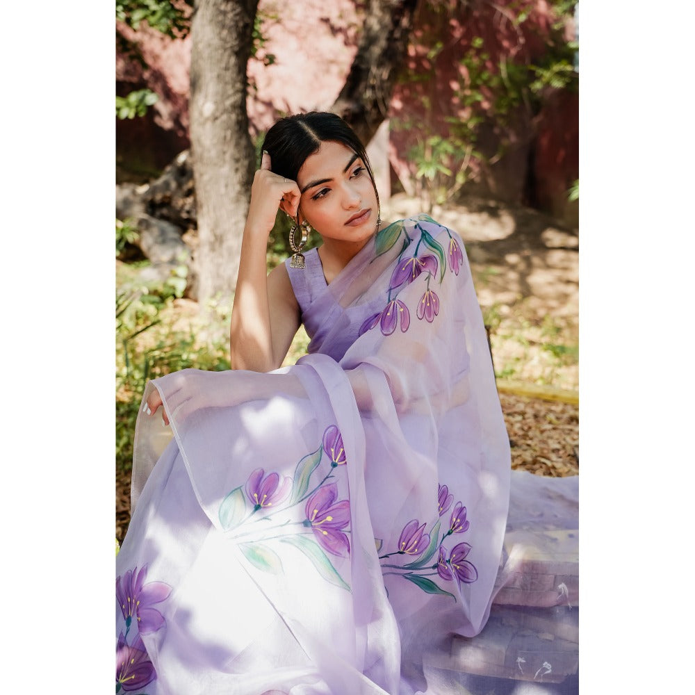 Mangalmay By Aastha Lavender Haze Hand Painted Organza Saree with Unstitched Blouse