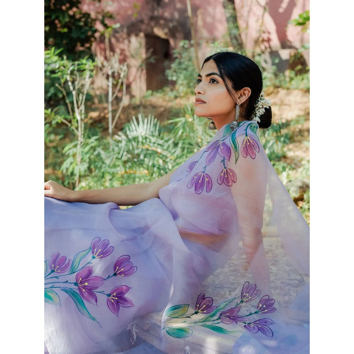 Mangalmay By Aastha Lavender Haze Hand Painted Organza Saree with Unstitched Blouse