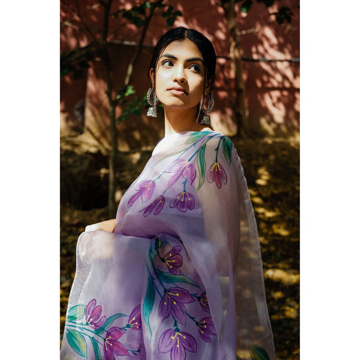 Mangalmay By Aastha Lavender Haze Hand Painted Organza Saree with Unstitched Blouse