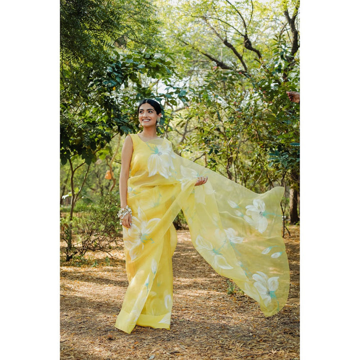 Mangalmay By Aastha Sunshine Mist Hand Painted Organza Saree with Unstitched Blouse