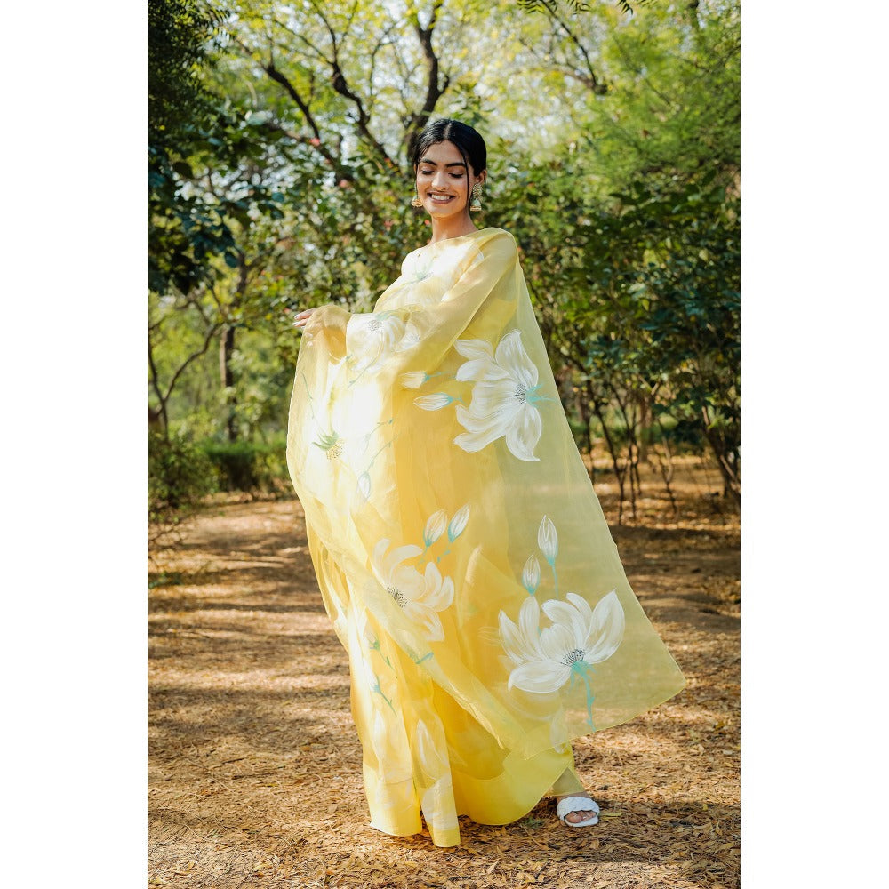 Mangalmay By Aastha Sunshine Mist Hand Painted Organza Saree with Unstitched Blouse