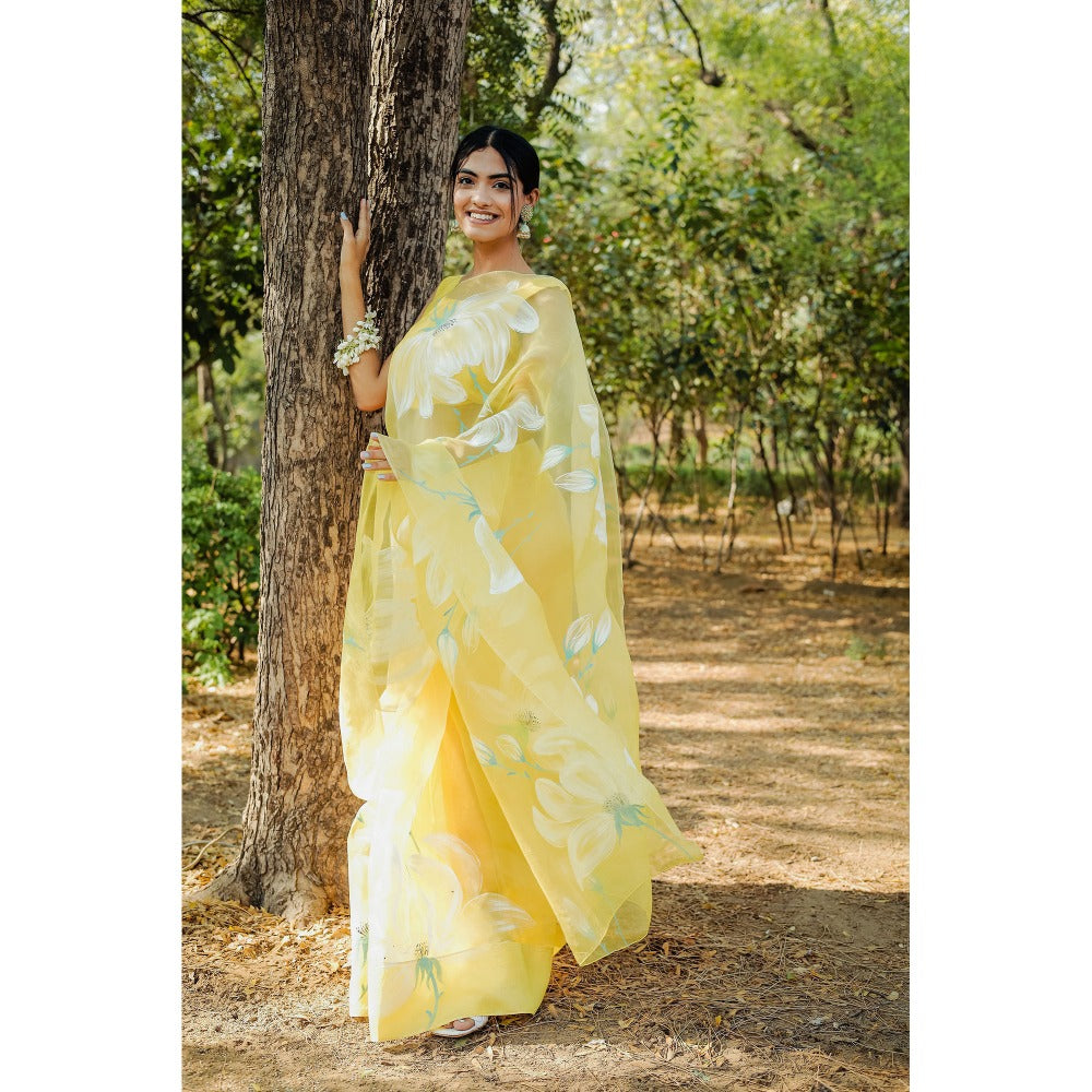 Mangalmay By Aastha Sunshine Mist Hand Painted Organza Saree with Unstitched Blouse