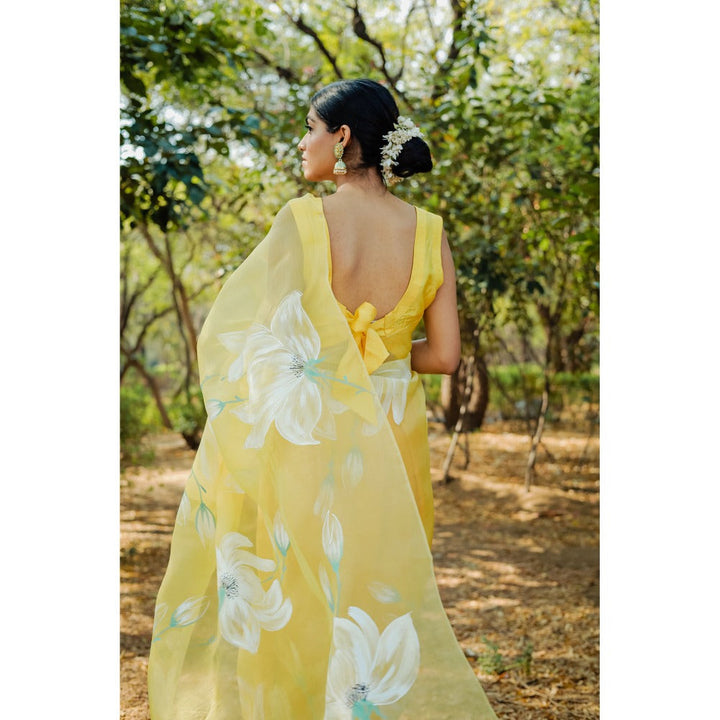 Mangalmay By Aastha Sunshine Mist Hand Painted Organza Saree with Unstitched Blouse