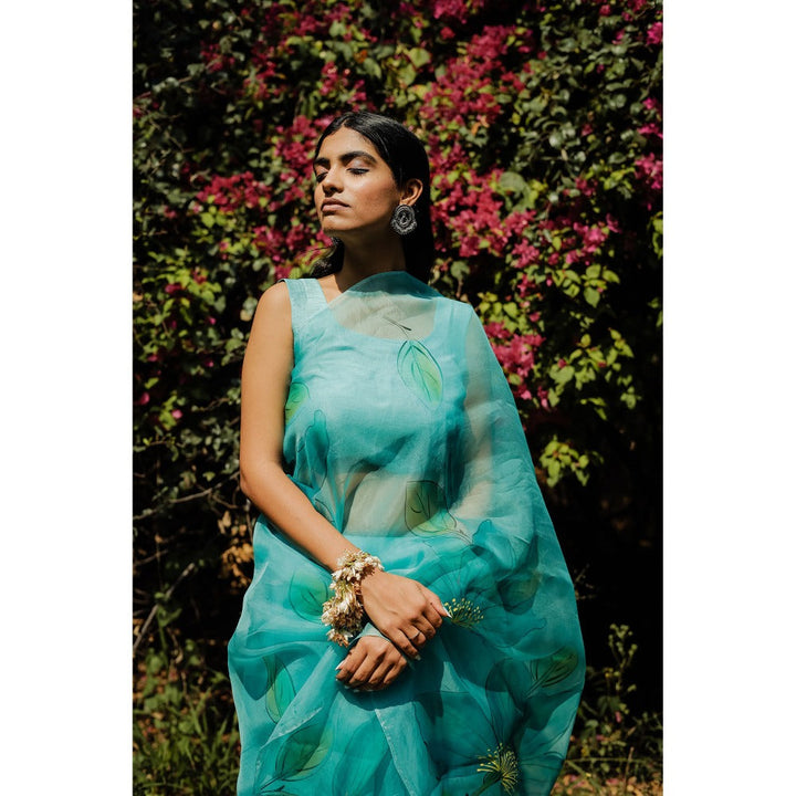 Mangalmay By Aastha Aqua Mist Hand Painted Organza Saree with Unstitched Blouse