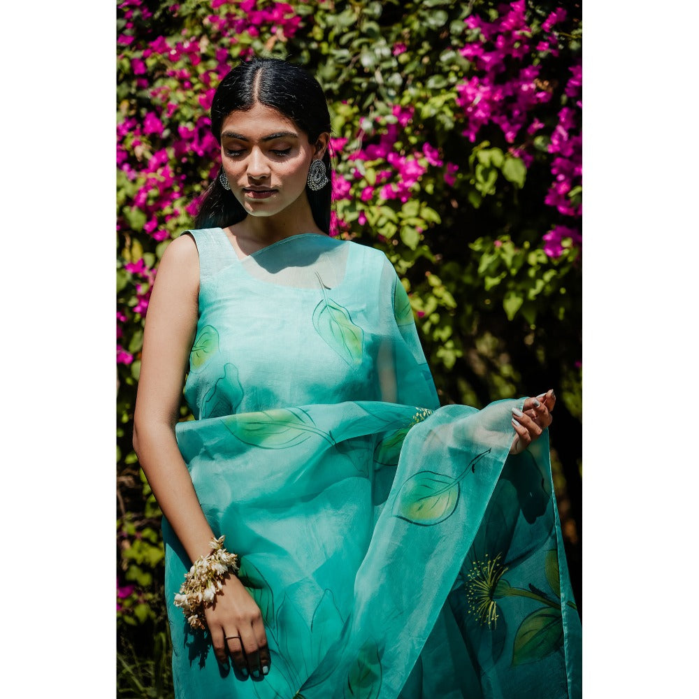 Mangalmay By Aastha Aqua Mist Hand Painted Organza Saree with Unstitched Blouse