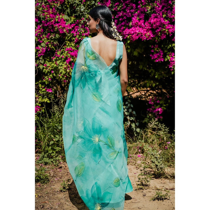 Mangalmay By Aastha Aqua Mist Hand Painted Organza Saree with Unstitched Blouse