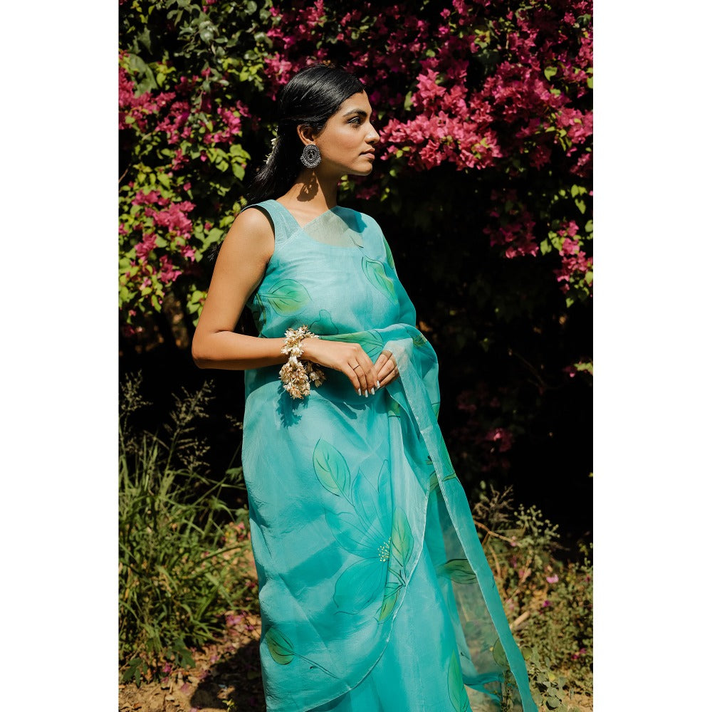 Mangalmay By Aastha Aqua Mist Hand Painted Organza Saree with Unstitched Blouse