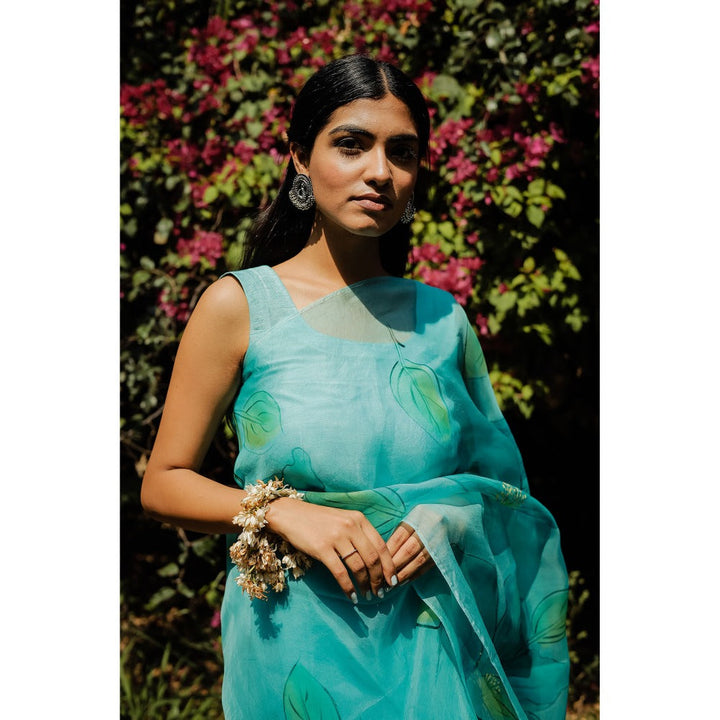 Mangalmay By Aastha Aqua Mist Hand Painted Organza Saree with Unstitched Blouse