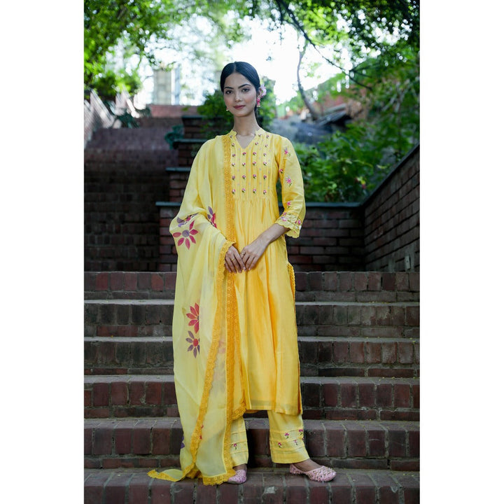 Mangalmay By Aastha Sunshine Yellow Hand Embroidered Kurta with Pants & Dupatta (Set of 3)