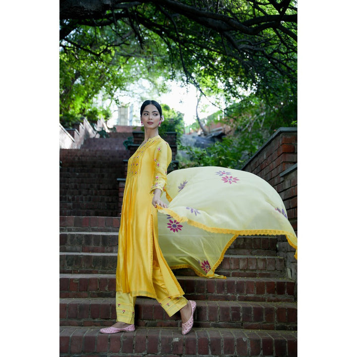 Mangalmay By Aastha Sunshine Yellow Hand Embroidered Kurta with Pants & Dupatta (Set of 3)