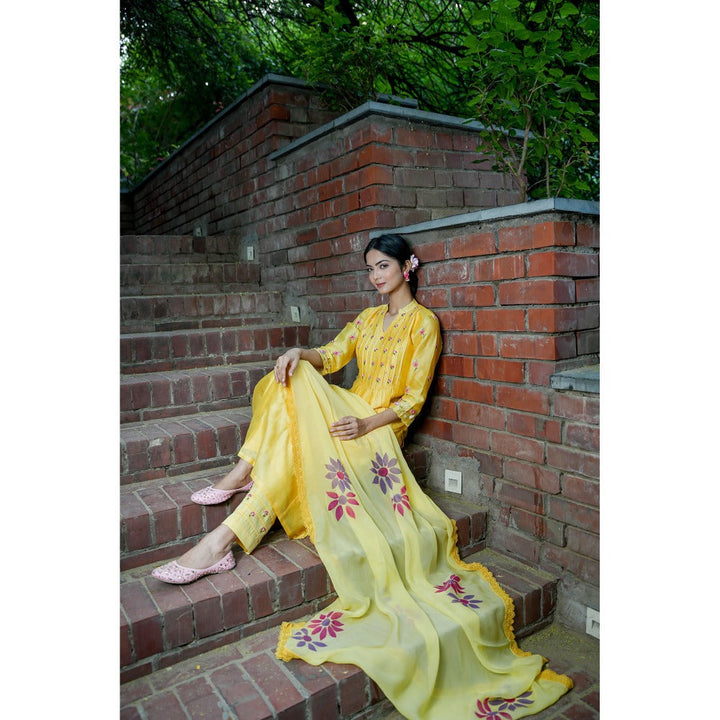 Mangalmay By Aastha Sunshine Yellow Hand Embroidered Kurta with Pants & Dupatta (Set of 3)