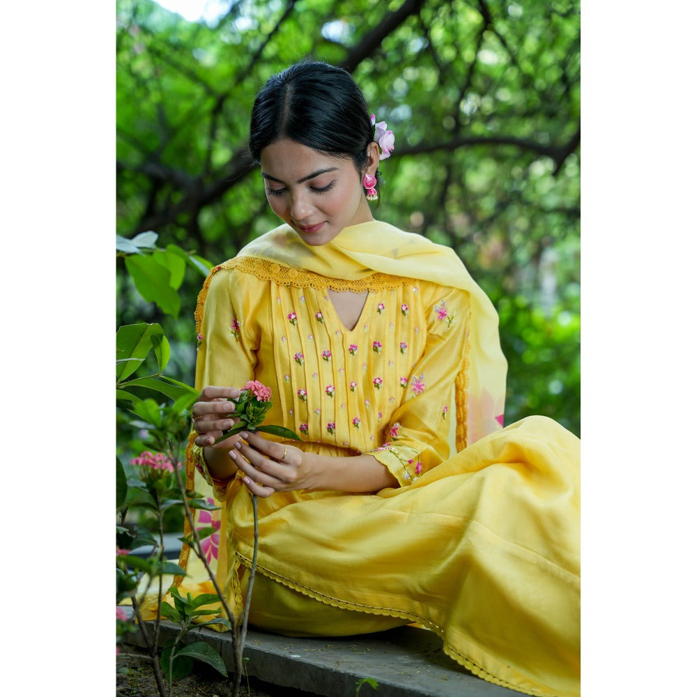 Mangalmay By Aastha Sunshine Yellow Hand Embroidered Kurta with Pants & Dupatta (Set of 3)