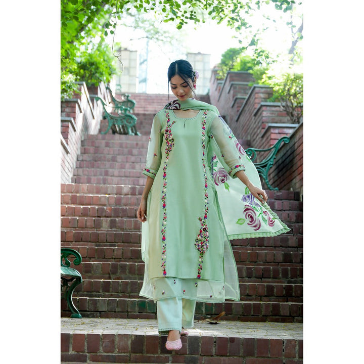 Mangalmay By Aastha Emerald Forest Hand Embroidered Kurta with Pants & Dupatta (Set of 3)