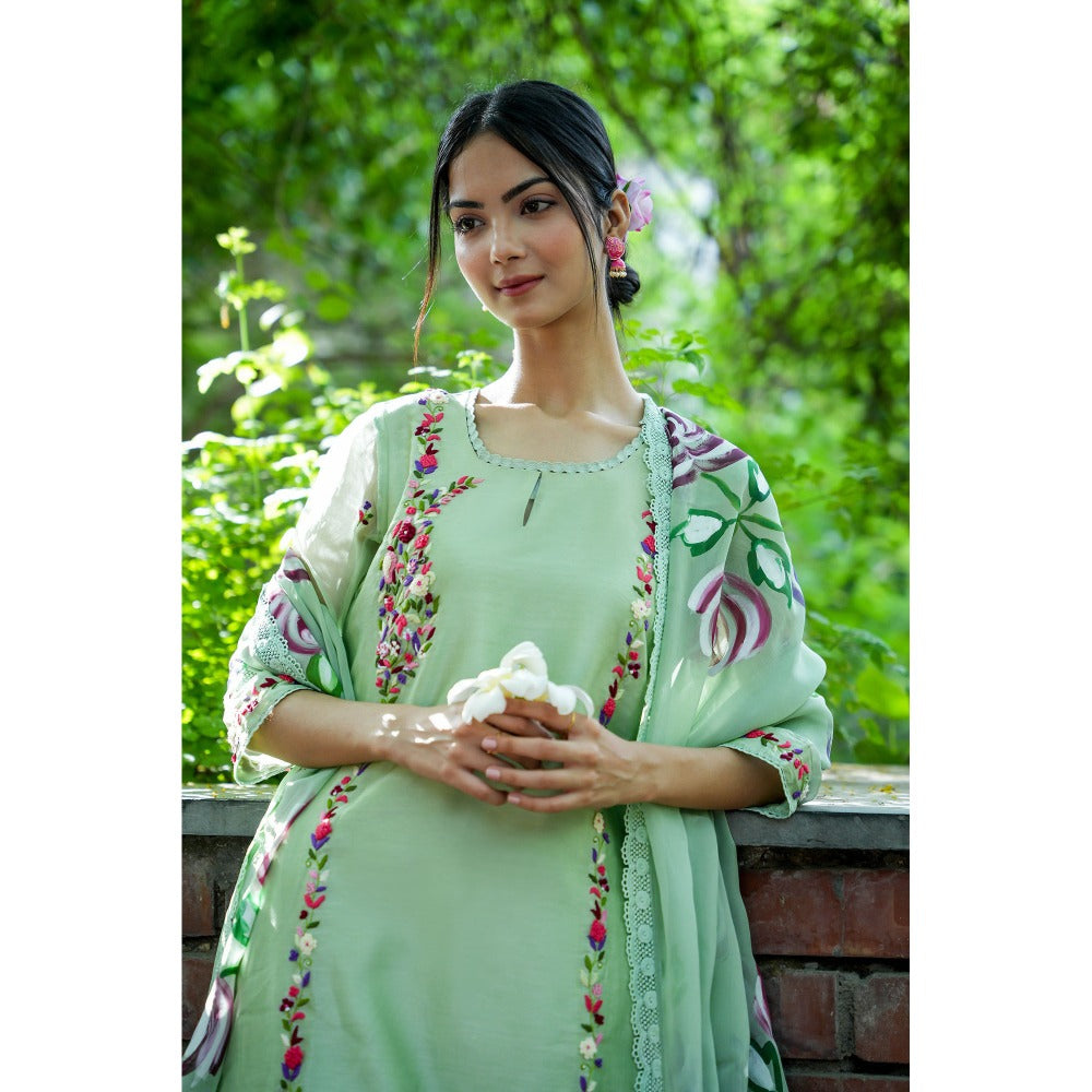 Mangalmay By Aastha Emerald Forest Hand Embroidered Kurta with Pants & Dupatta (Set of 3)