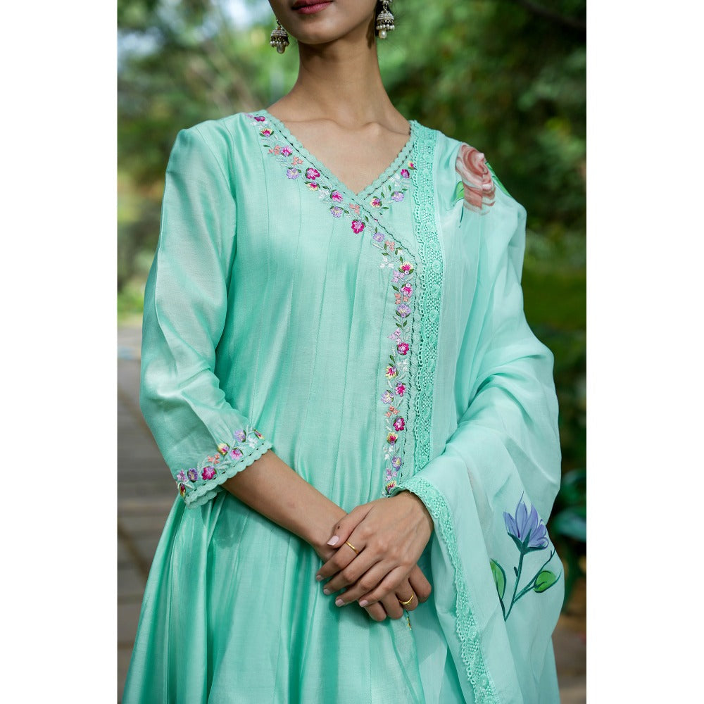 Mangalmay By Aastha Mint Green Embroidered Kalidar Kurta with Pants & Dupatta (Set of 3)