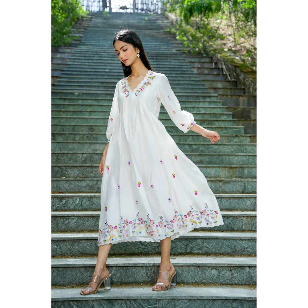 Mangalmay By Aastha Floral White Delight Embroidered Midi Dress