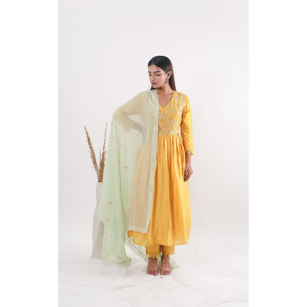 Mangalmay By Aastha Mustard Embroidered Angrakha Kurta with Pants & Dupatta (Set of 3)