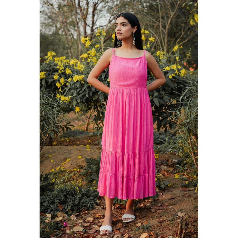 Mangalmay By Aastha Pink Crinkled Cotton Midi Dress