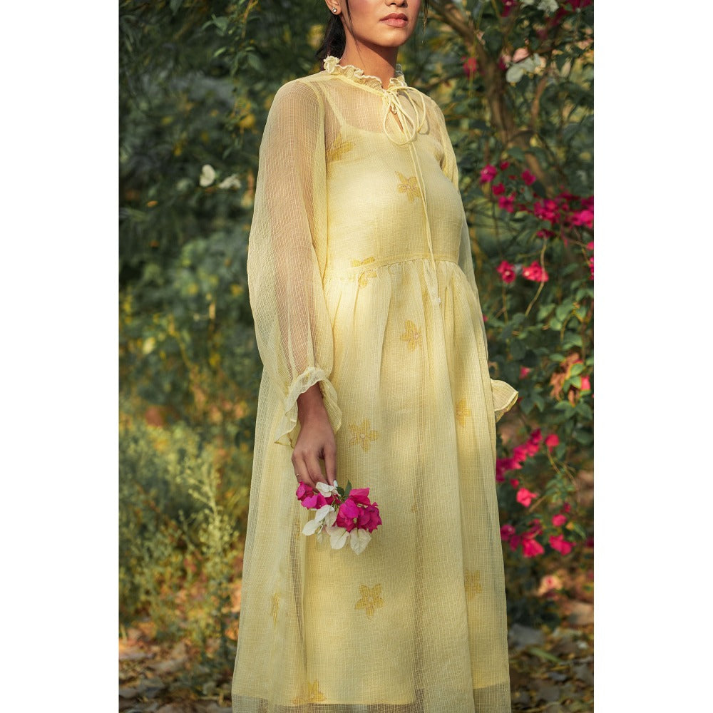 Mangalmay By Aastha Yellow Doria Midi Dress with Hand Painted Slip (Set of 2)