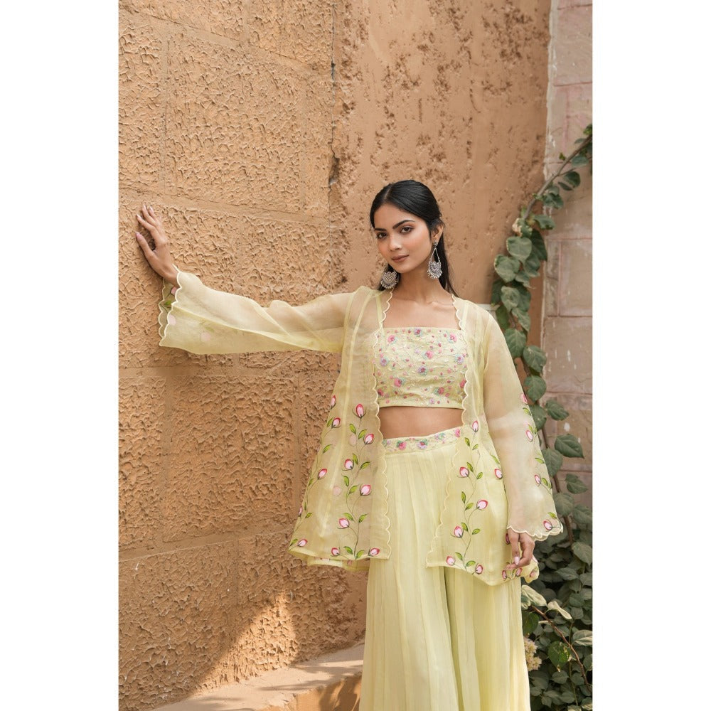 Mangalmay By Aastha Pastel Yellow Elegance Blouse with Sharara & Shrug (Set of 3)