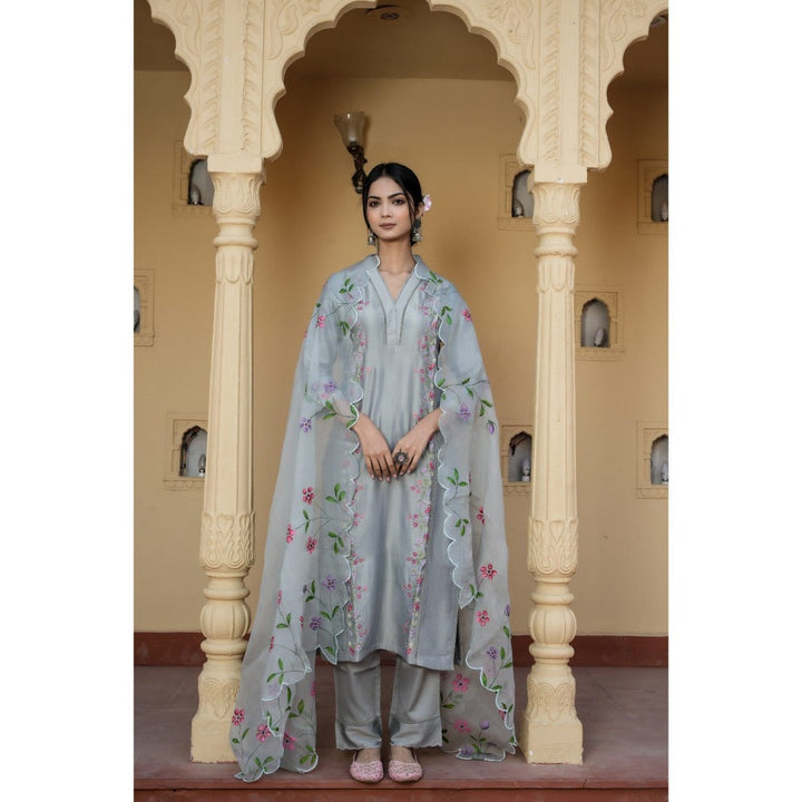 Mangalmay By Aastha Grey Serenity Embroidered Kurta with Pant & Dupatta (Set of 3)