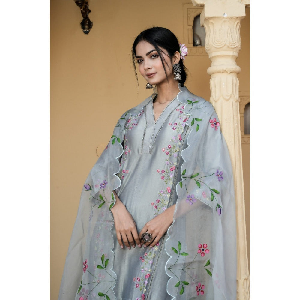 Mangalmay By Aastha Grey Serenity Embroidered Kurta with Pant & Dupatta (Set of 3)