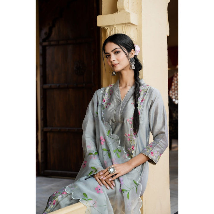 Mangalmay By Aastha Grey Serenity Embroidered Kurta with Pant & Dupatta (Set of 3)