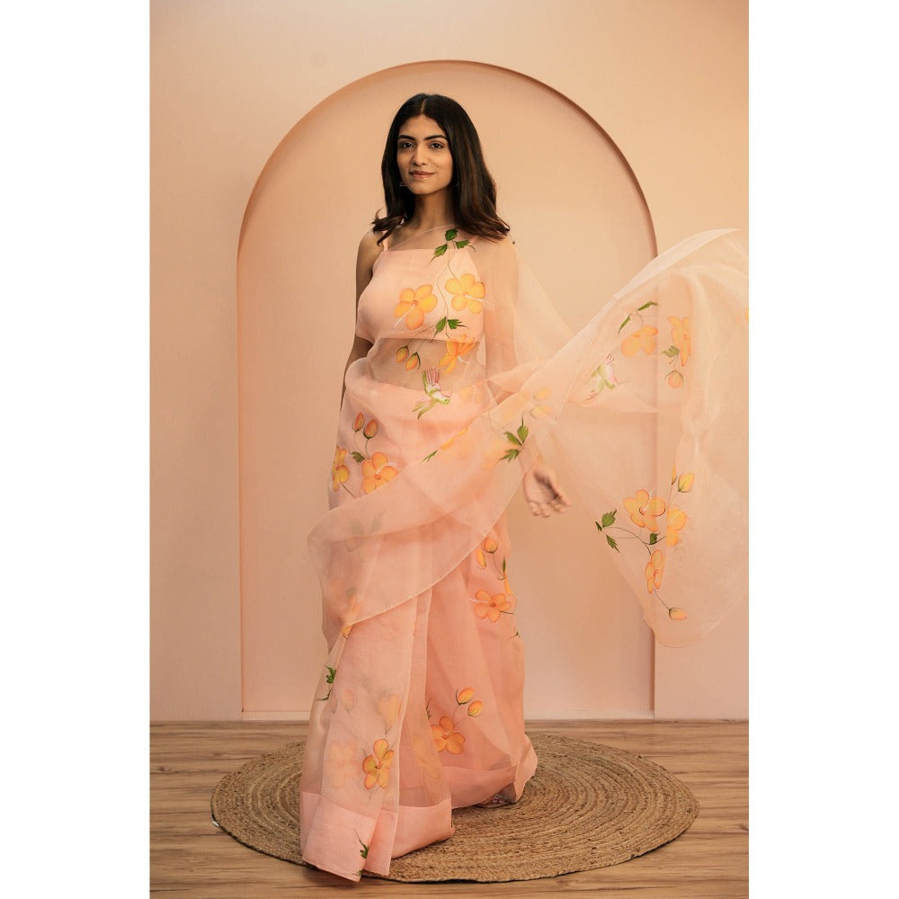 Mangalmay By Aastha Soft Peach Hand Painted Organza Saree with Unstitched Blouse