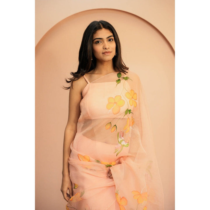 Mangalmay By Aastha Soft Peach Hand Painted Organza Saree with Unstitched Blouse