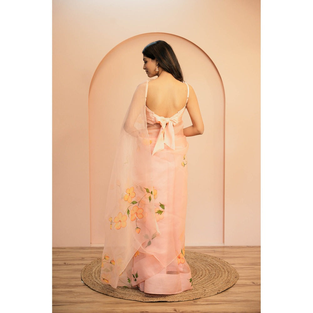 Mangalmay By Aastha Soft Peach Hand Painted Organza Saree with Unstitched Blouse