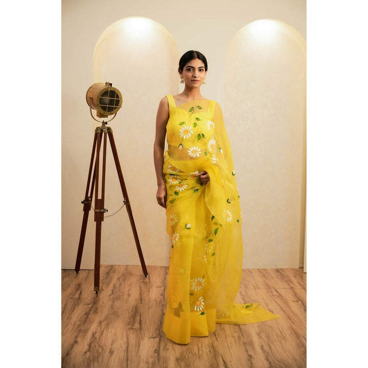 Mangalmay By Aastha Yellow Glow Hand Painted Organza Saree with Unstitched Blouse