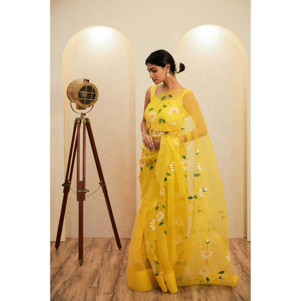 Mangalmay By Aastha Yellow Glow Hand Painted Organza Saree with Unstitched Blouse