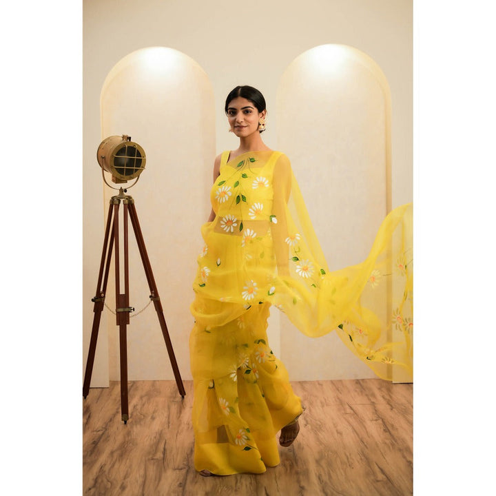 Mangalmay By Aastha Yellow Glow Hand Painted Organza Saree with Unstitched Blouse