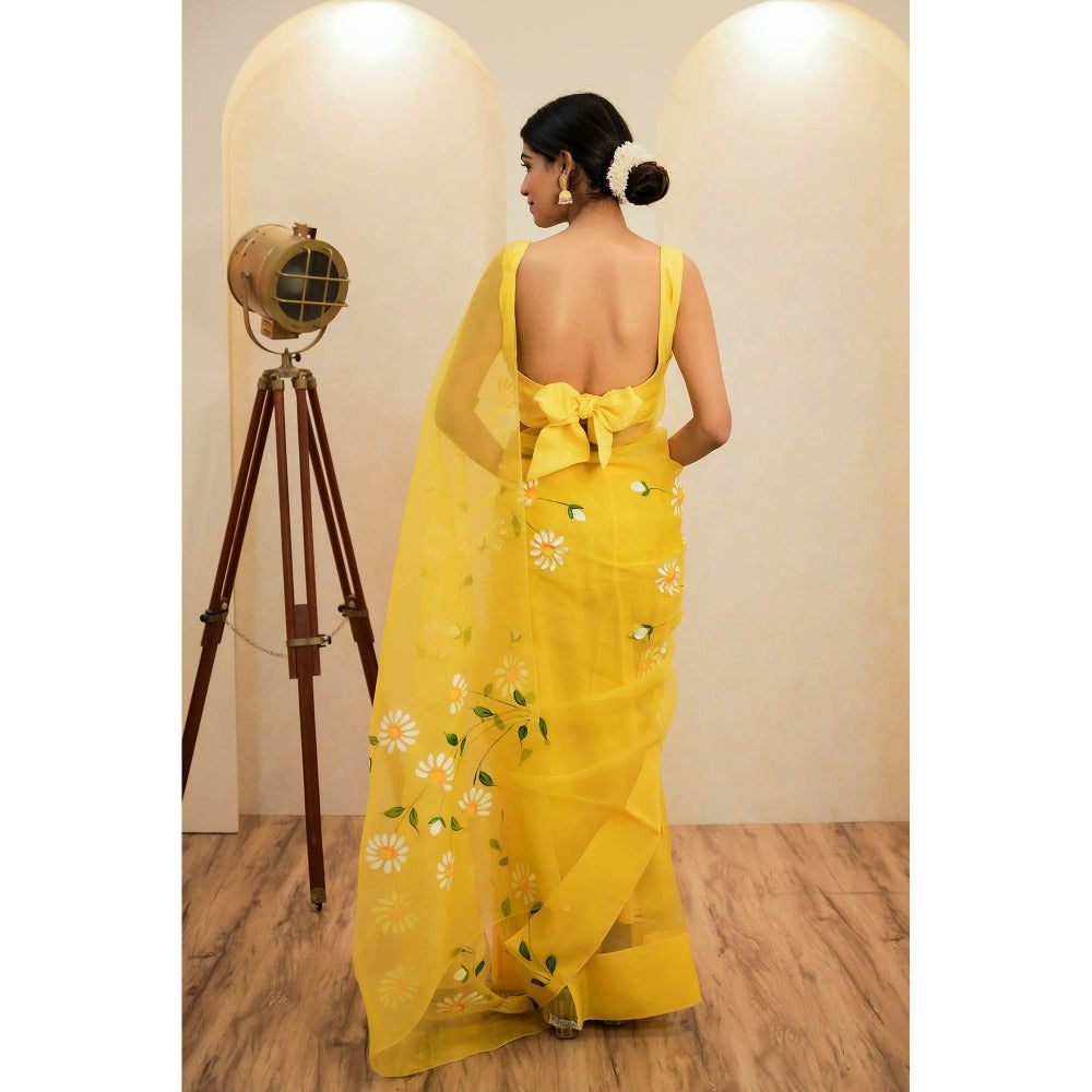 Mangalmay By Aastha Yellow Glow Hand Painted Organza Saree with Unstitched Blouse